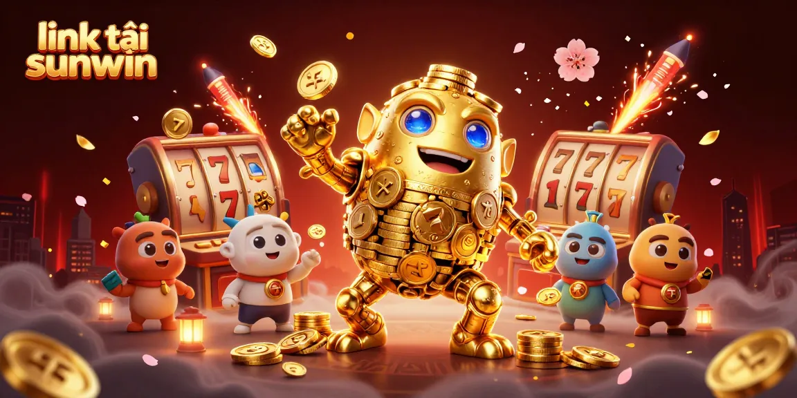 Spin to win with link tải sunwin, featuring a golden golem amidst festive casino elements.