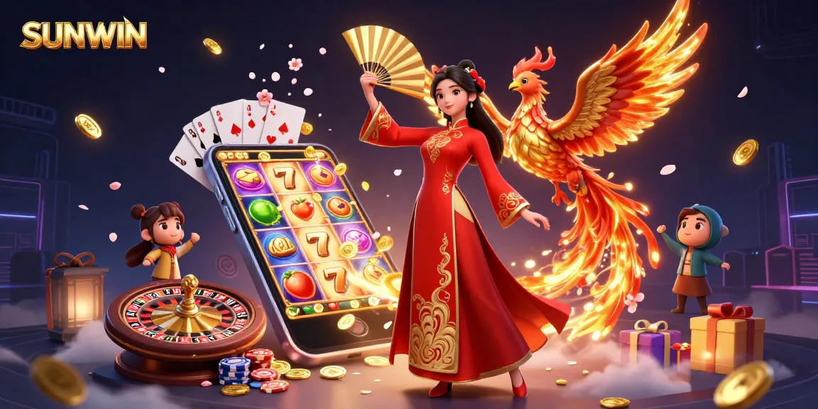 Engage with SUNWIN's thrilling casino atmosphere featuring vibrant slots, golden coins, and an enchanting ao dai character.