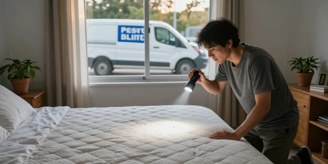 Bed bug removal inspection in a cozy bedroom with natural light.
