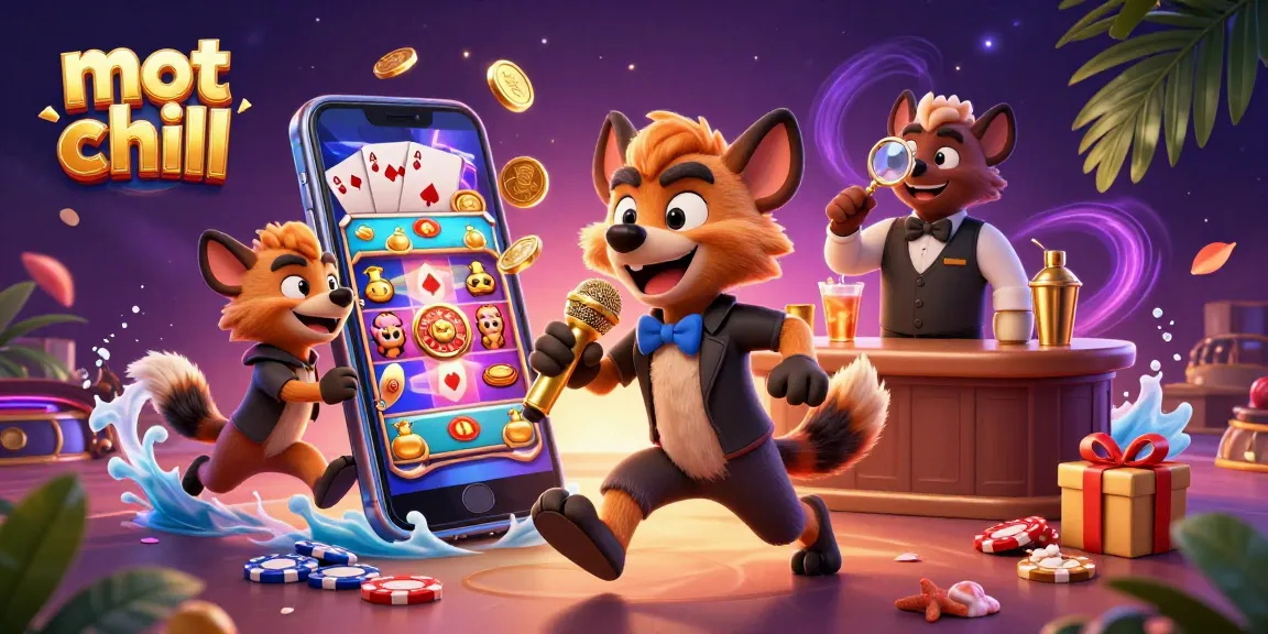 Unleash fun with mot chill at this comedy casino, featuring hyenas enjoying slots and cocktails.