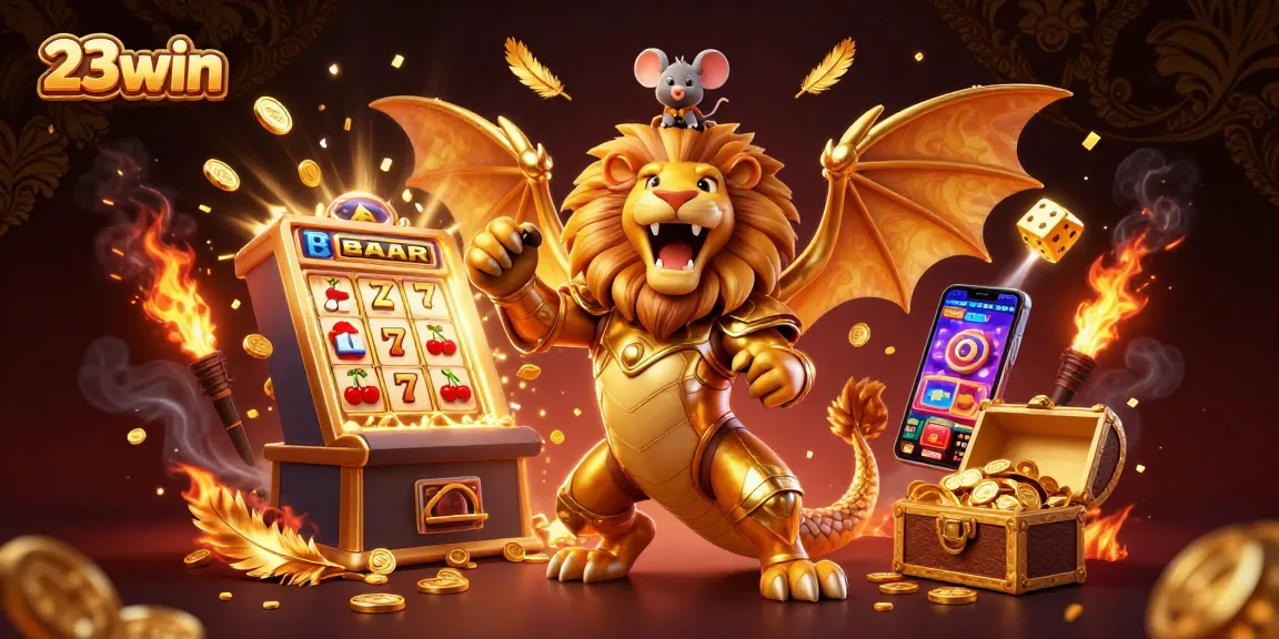 Experience the thrill of 23win with a dynamic casino scene featuring a triumphant chimera and colorful jackpot elements.