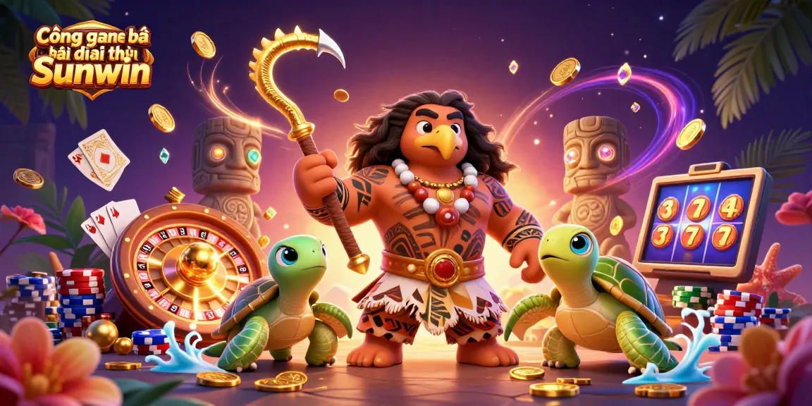 Cổng game bài đổi thưởng Sunwin showcases a 3D cartoon demigod hawk amid cascading coins and a magical casino backdrop.