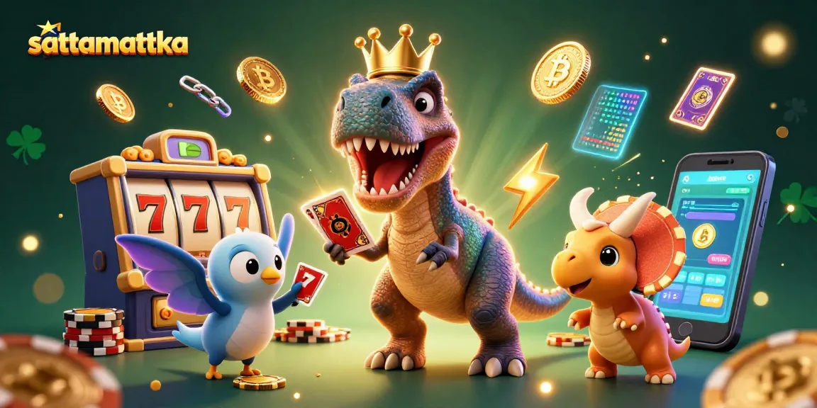 Sattamattka showcases a cartoon T-Rex shuffling cards in a vibrant casino scene filled with golden chips.