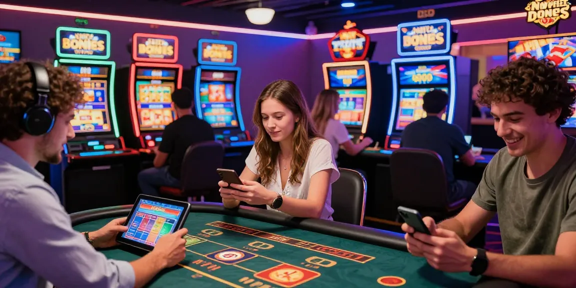 Engaging scene of diverse players at new online casinos, enjoying vibrant games with colorful bonuses.