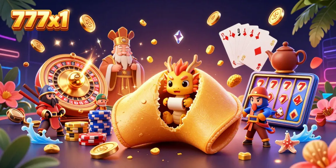 Engaging illustration of the dynamic 777x1 casino scene featuring gold coins and a giant fortune cookie.
