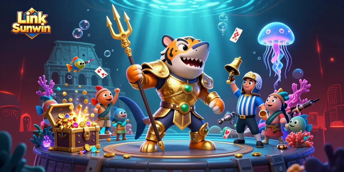 Experience thrilling action at Link Sunwin, featuring a tiger shark gladiator and underwater gambling elements.