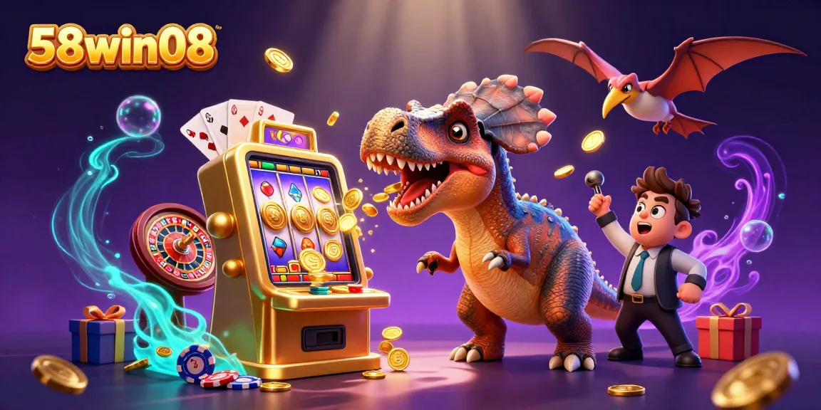 58win08 jackpot celebration with vibrant 3D characters enjoying thrilling slot machine wins