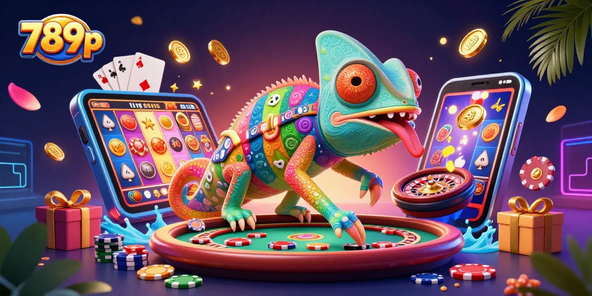 Engage with 789p's colorful casino world, featuring a chameleon owner amidst vibrant games and golden coins.