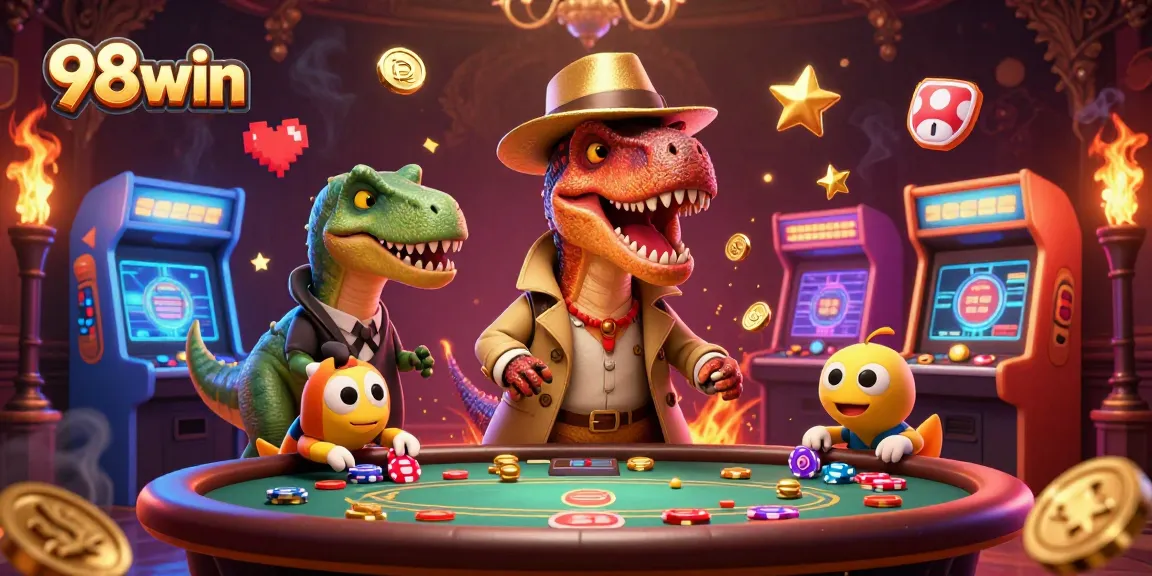 Join the excitement at 98win as a clever velociraptor navigates the blackjack table while dodging attention.