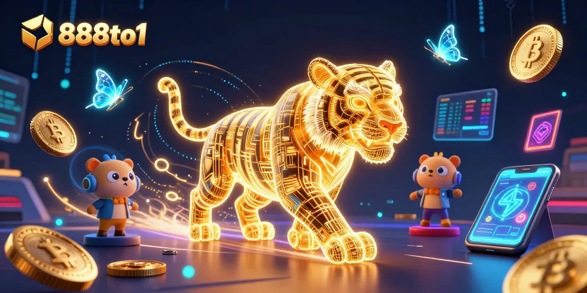 Experience thrilling wins with 888to1, featuring neon tiger in a dynamic casino landscape.