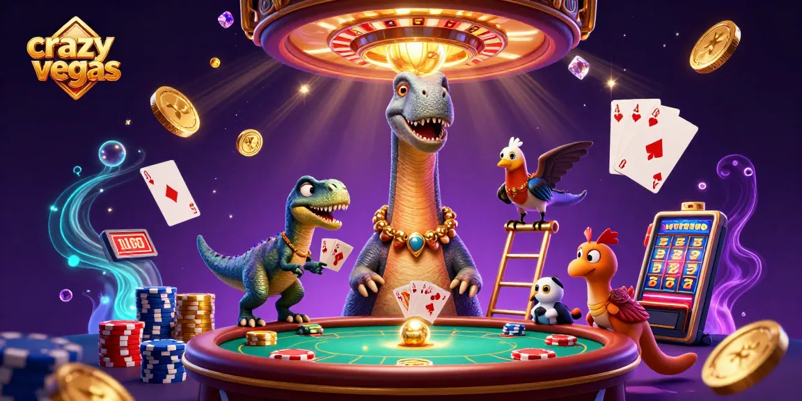 The playful brontosaurus at crazyvegas towers over a poker table while a raptor deals cards amidst sparkling gems.