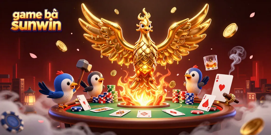 Experience the excitement of game bài sunwin with molten phoenix imagery and poker elements in a vibrant casino scene.